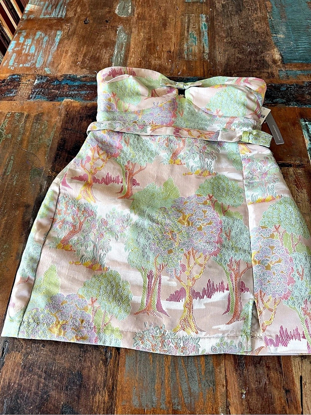 Maeve Sweetheart Jacquard Scenic Bow Dress Floral Mini Dress Pink & Green Size